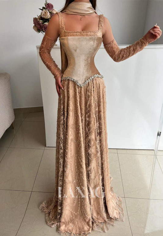 Square-Neck Straps Long-Sleeves Rhinestone Fully Sequined Beaded Pleated Tulle Fitted Evening Dress