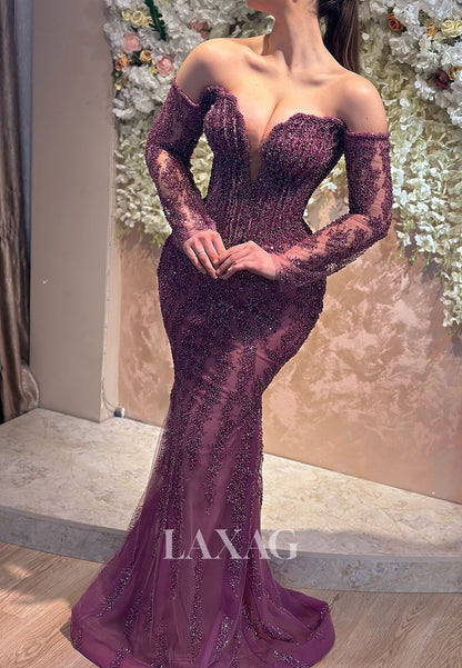 Deep V-Neck Fully Sequined Beaded Formal Gowns Long-Sleeves Floor-Length Mermaid Evening Dress