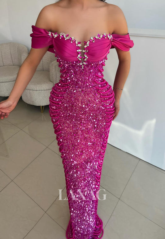 Sweetheart Fully Sequined Floor-Length Formal Gowns Rhinestone Pearls Mermaid Evening Dress