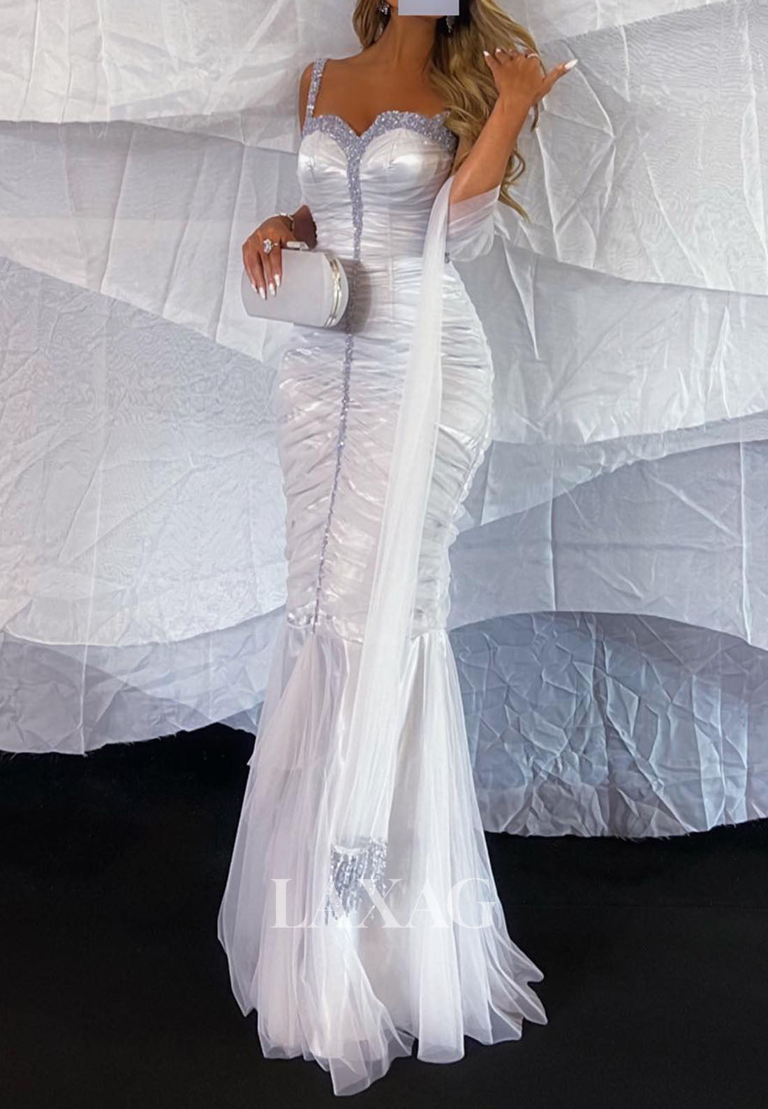 Sweetheart Spaghetti Straps Floor-Length Party Gowns Beaded Pleated Tulle Mermaid Prom Dress