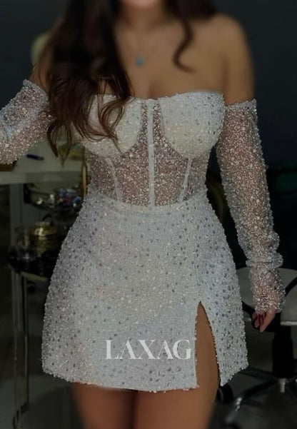 Bateau-Neck Long-Sleeves Fully Sequined Pleated Tulle A-Line Party Homecoming Dress with Slit