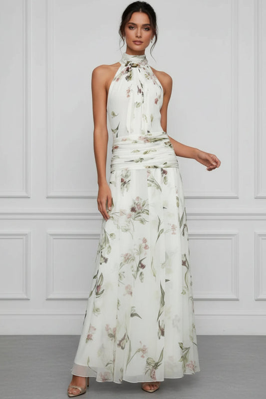 Halter-Neck Sleeveless Print-Chiffon Pleated Floor-Length A-Line Evening Dress