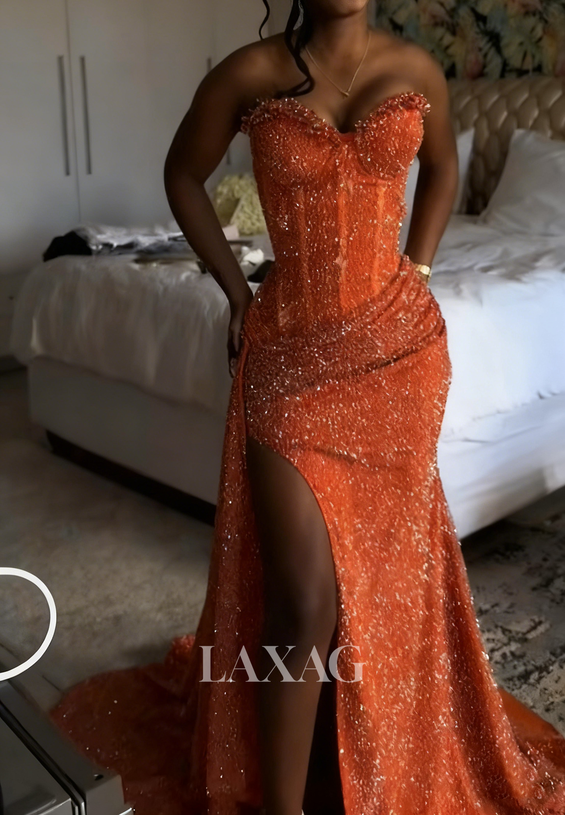 Sweetheart Sleeveless Mermaid Prom Dress Fully Sequined Beaded Pleated Evening Gowns with Slit