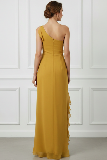 Asymmetrical-Neck Ruffled Chiffon Pleated Floor-Length Mermaid Wedding Guest Dress