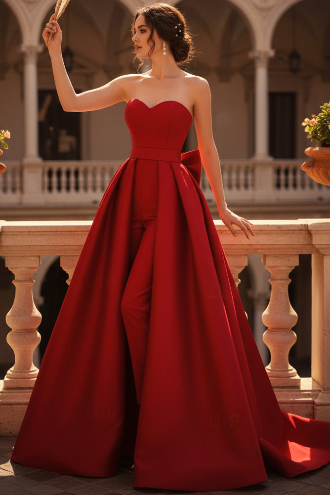 Sweetheart Sleeveless Satin Pleated Floor-Length A-Line Jumpsuit Evening Dress with Overskirt
