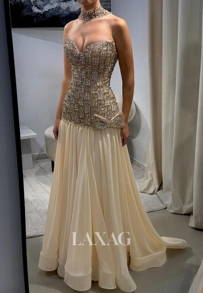 Off-Shoulder Sweetheart Chiffon Pleated A-Line Prom Dress Sleeveless Rhinestone Beaded Party Gowns