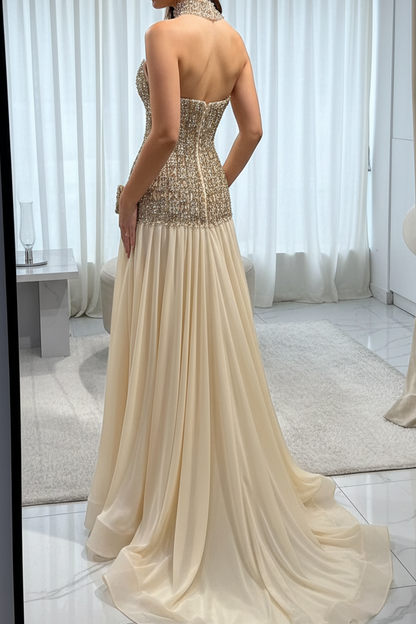 Off-Shoulder Sweetheart Chiffon Pleated A-Line Prom Dress Sleeveless Rhinestone Beaded Party Gowns