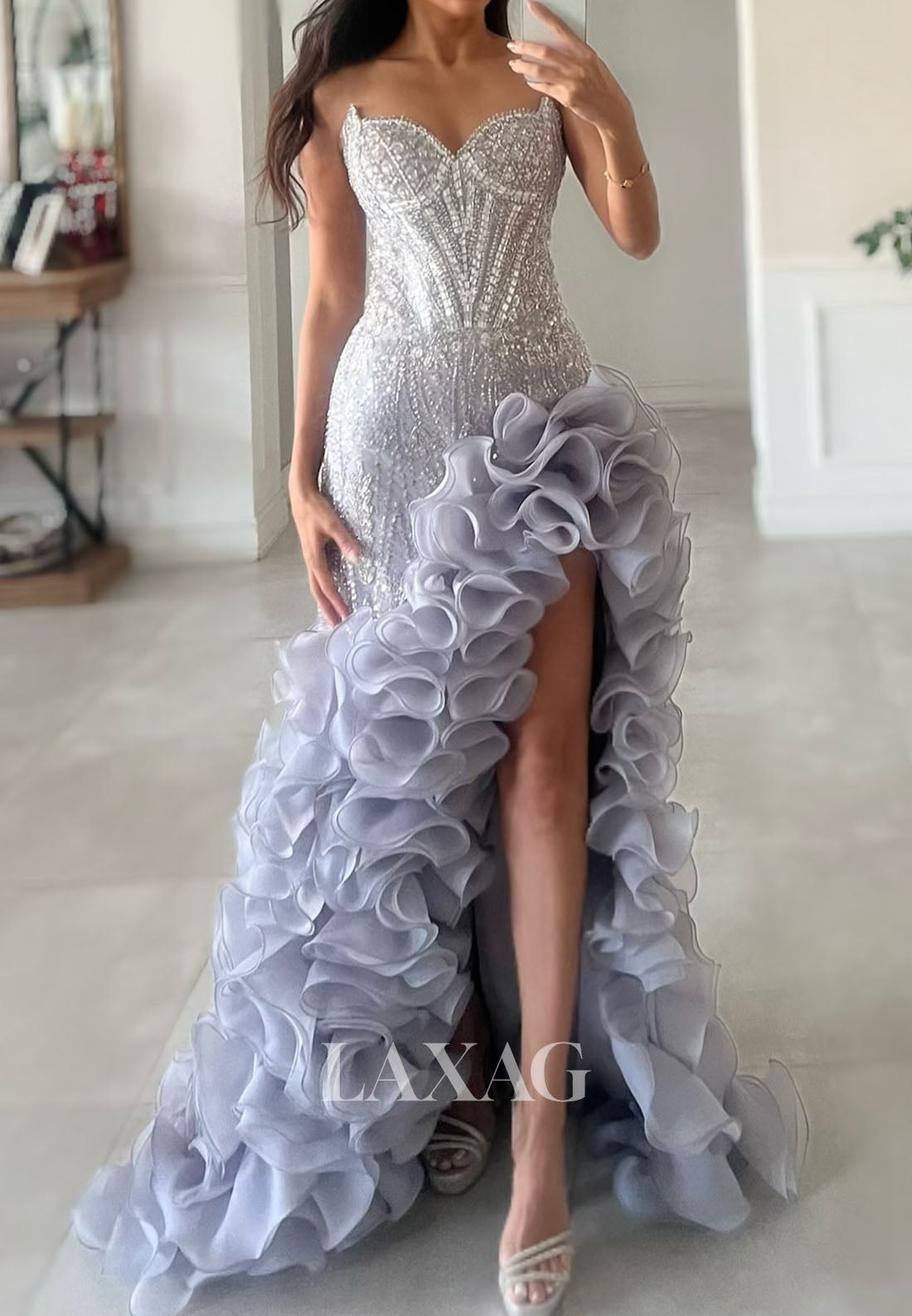 Off-Shoulder Sweetheart Sequined Beaded Chiffon Ruffled Mermaid Prom Dress with High Slit