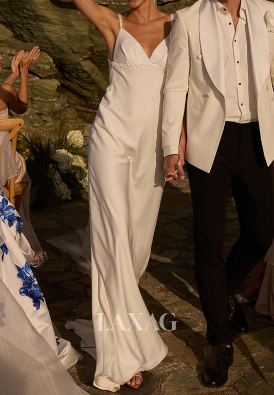 Spaghetti Straps V-Neck Sleeveless Fitted Wedding Dress Off-Shoulder Floor-Length Satin Formal Gowns