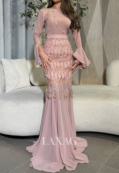 Scoop-Neck Long-Sleeves Sequined Formal Gowns Pleated Chiffon Mermaid Evening Dress