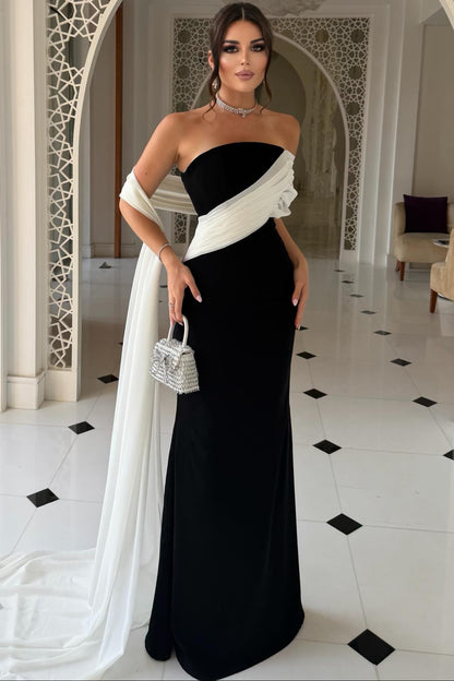 Strapless Draped Column Evening Gown