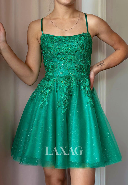 Scoop-Neck Spaghetti Straps Sleeveless Applique Beaded Tulle A-Line Party Homecoming Dress