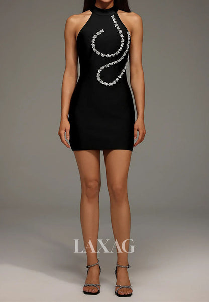 Halter-Neck Off-Shoulder Sleeveless Rhinestone Pleated Satin Mermaid Party Homecoming Dress