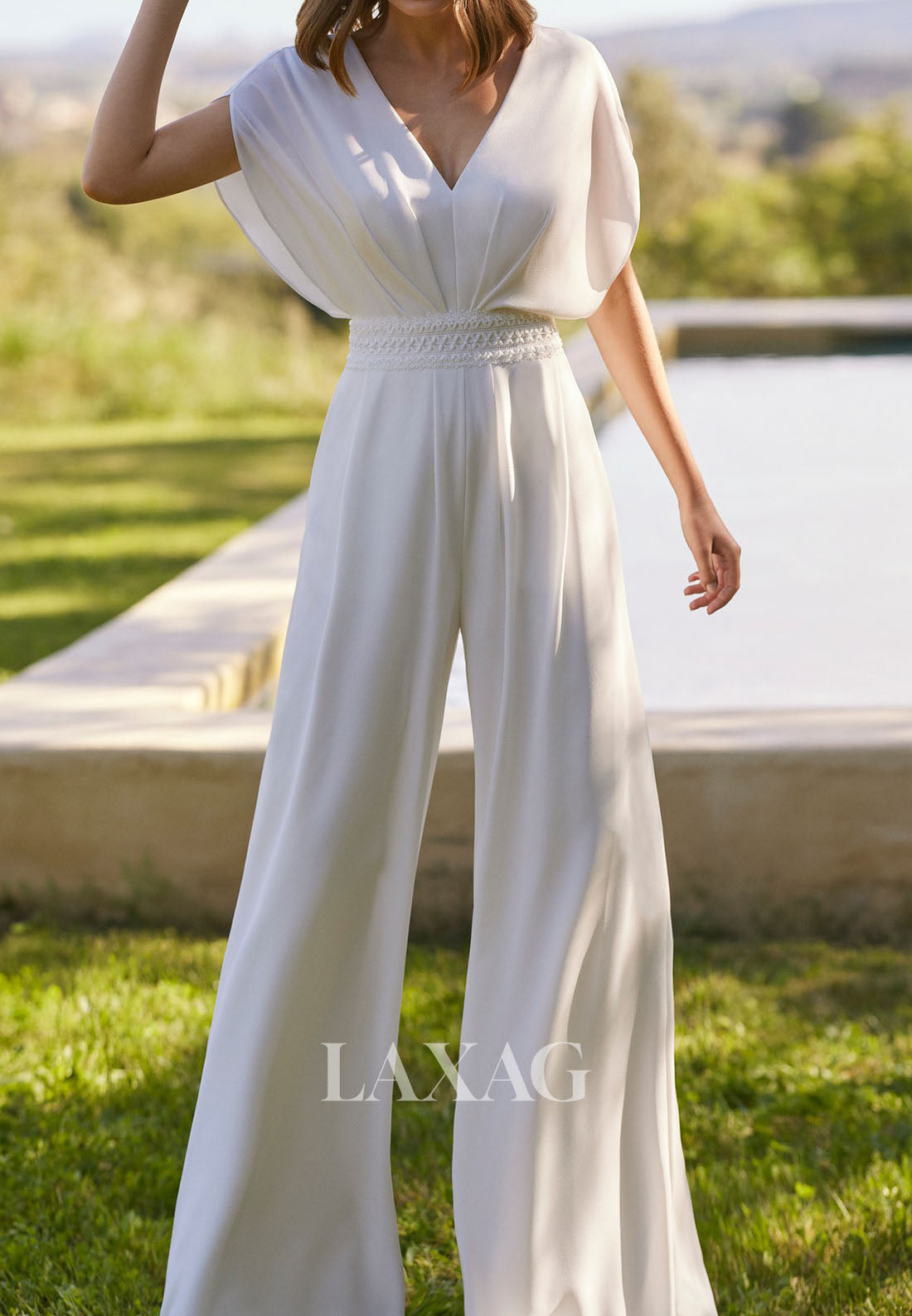 V-Neck Sleeveless Applique Pleated Chiffon A-Line Jumpsuit Wedding Dress