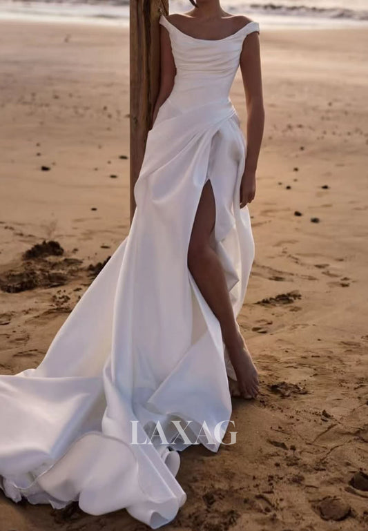 Bateau-Neck Off-Shoulder Sleeveless Satin Pleated High Slit Mermaid Wedding Dress with Train