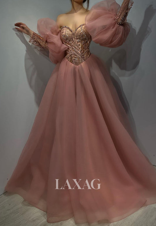 Sweetheart Long-Puff-Sleeves A-Line Prom Dress Beaded Sequined Applique Tulle Pleated Party Gowns