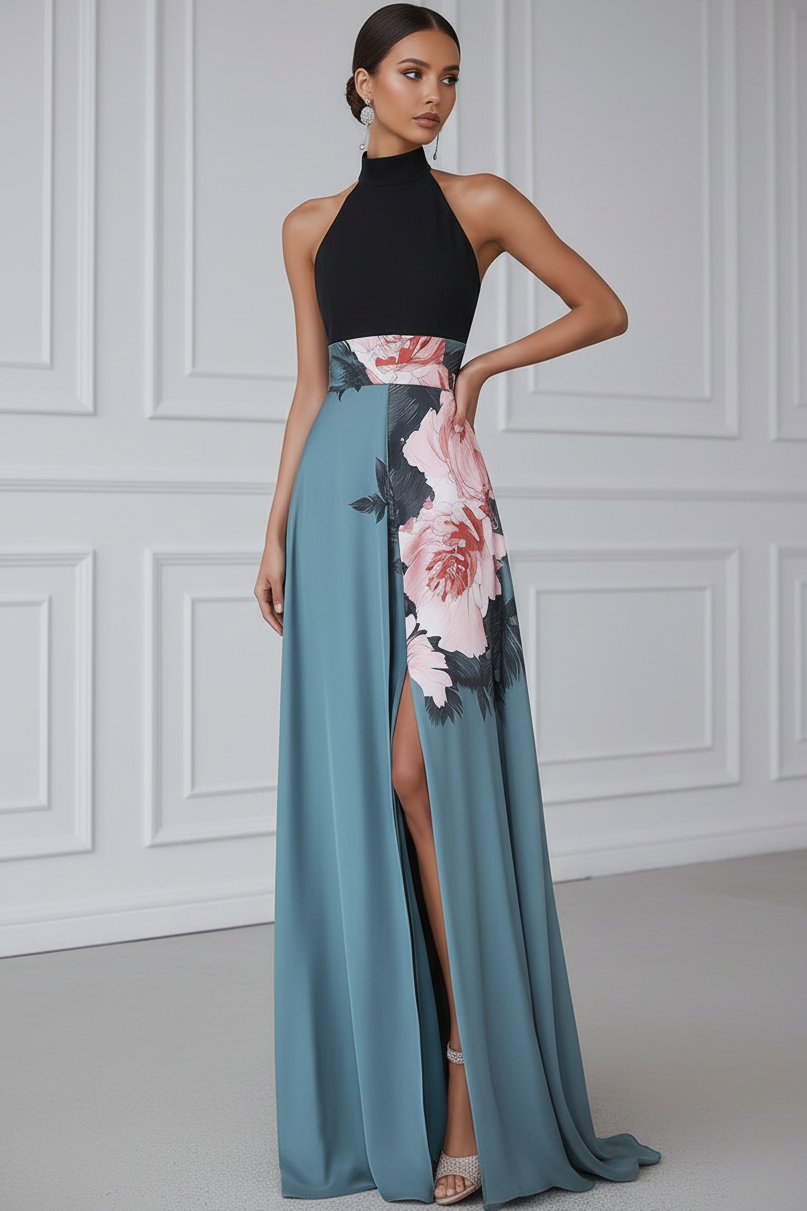 Halter-Neck Floor-Length Print-Satin Pleated A-Line Wedding Guest Dress with High Slit
