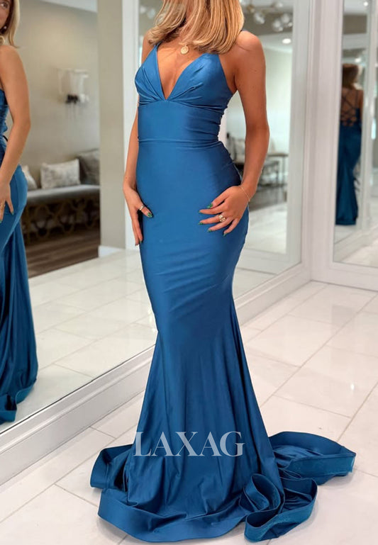 Deep V-Neck Spaghetti Straps Formal Gowns Sleeveless Plearted Satin Mermaid Prom Dress