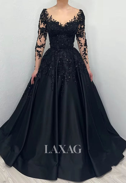 V-Neck Long-Sleeves Pleated Satin A-Line Wedding Dress Sequined Applique Formal Gowns