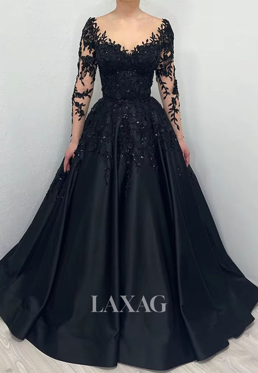 V-Neck Long-Sleeves Pleated Satin A-Line Wedding Dress Sequined Applique Formal Gowns