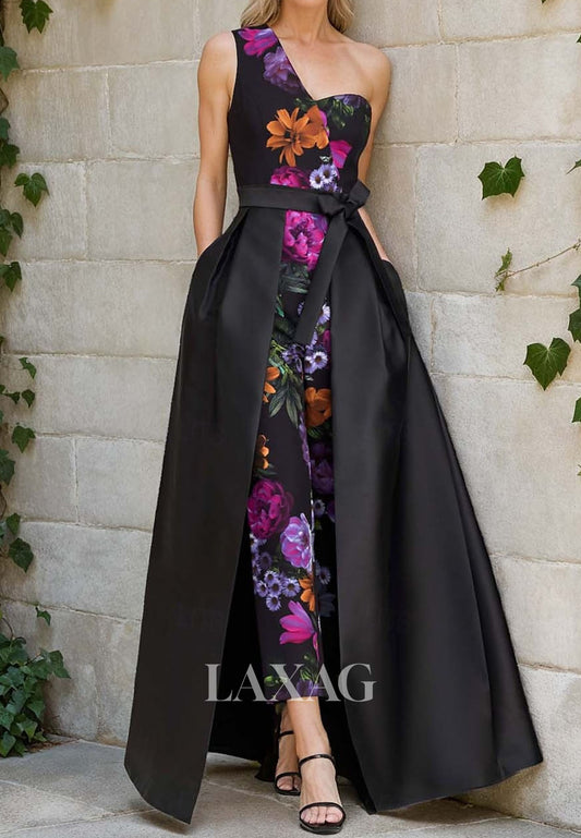 One-Strap Sleeveless Ankle-Length Multi-Color Print-Satin Pleated Mermaid Evening Dress with Train