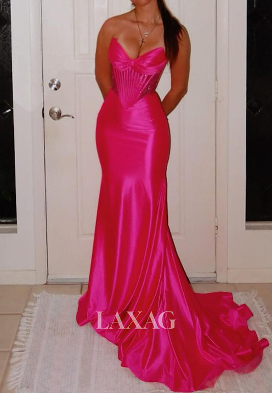 V-Neck Sleeveless Beaded Party Gowns Off-Shoulder Satin Pleated Mermaid Prom Dress