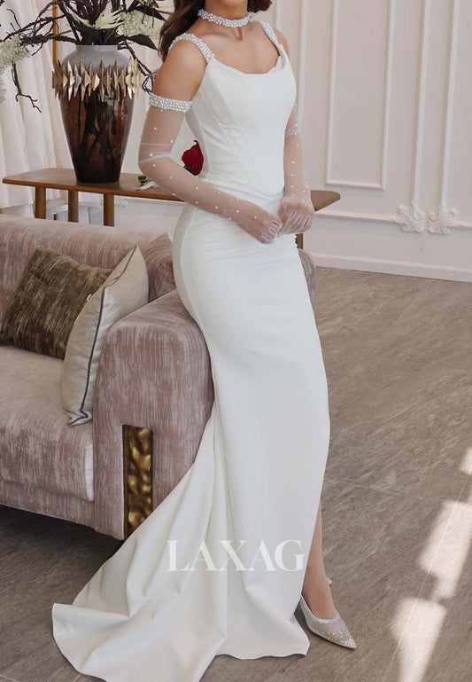 Scoop-Neck Beaded-Straps Mermaid Wedding Dress Sweep Train Satin Bride Gowns with Tulle Gloves