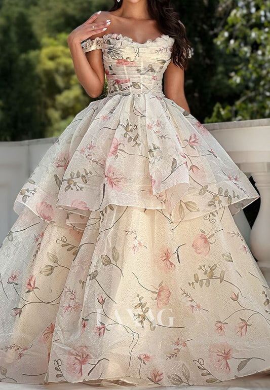 A-Line Sweetheart Sleeveless Print-Tulle Pleated Tiered Party Prom Dress with Sweep Train
