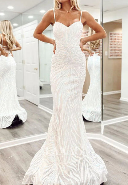 Sweetheart Spaghetti Straps Party Gowns Fully Sequined Applique Mermaid Prom Dress with Train