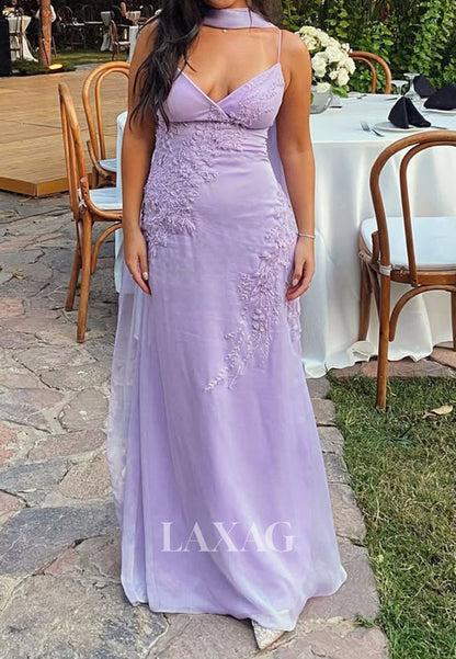 V-Neck Spaghetti Straps Sleeveless Beaded Applique Satin Floor-Length Mermaid Prom Dress