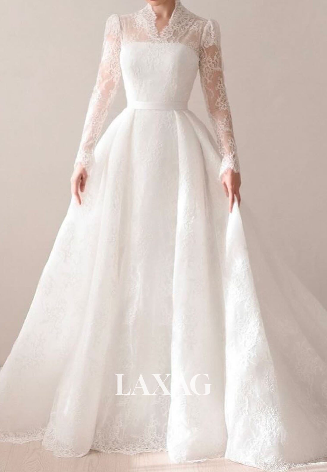 A-Line High V-Neck Long-Sleeves Allover Lace Pleated Sheer Sweep Train Wedding Dress