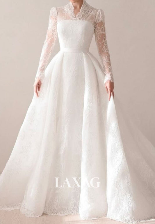 A-Line High V-Neck Long-Sleeves Allover Lace Pleated Sheer Sweep Train Wedding Dress
