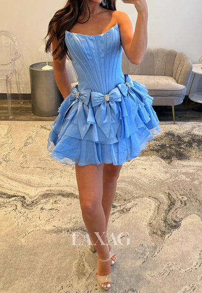 Scoop-Neck Off-Shoulder Sleeveless Pleated Satin Tiered A-Line Homecoming Dress with Bows