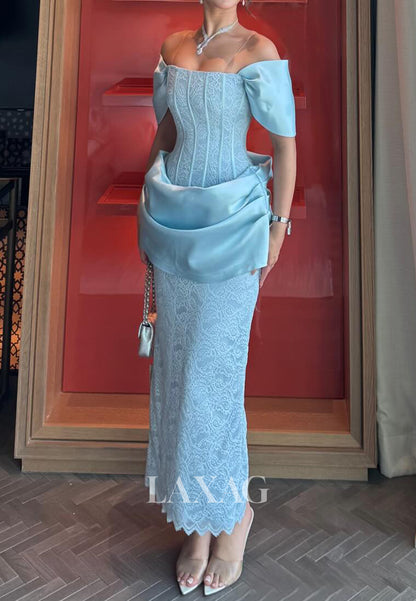 Bateau-Neck Cap-Sleeves Lace&Satin Pleated Ankle-Length Mermaid Evening Dress with Slit