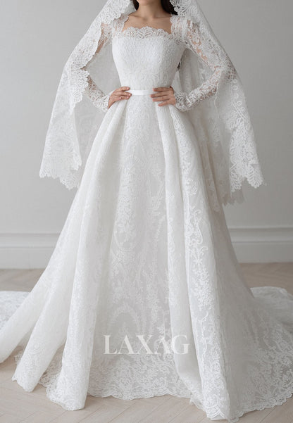 Bateau-Neck Long-Sleeves Allover Lace Applique Pleated Sheer A-Line Wedding Dress with Train