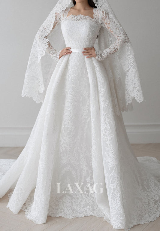 Bateau-Neck Long-Sleeves Allover Lace Applique Pleated Sheer A-Line Wedding Dress with Train
