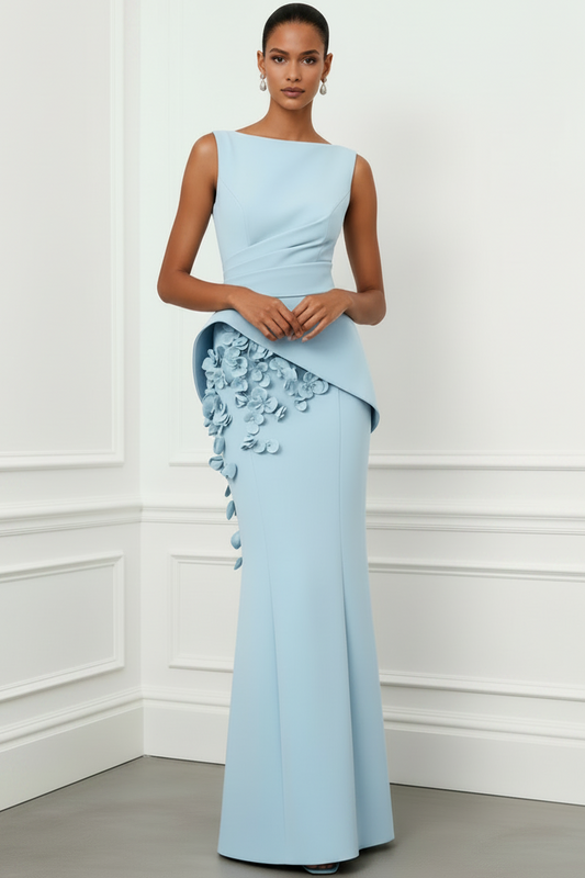 Scoop-Neck Straps Sleeveless Floor-Length 3D-Floral Satin Applique Mermaid Evening Dress