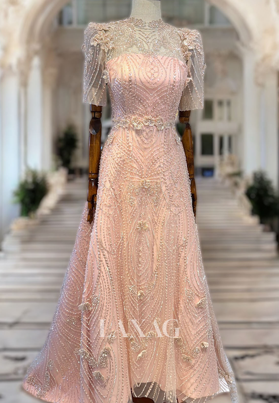 High-Neck Short-Sleeves A-Line Evening Dress Fully Sequined Beaded Floor-length Prom Gowns