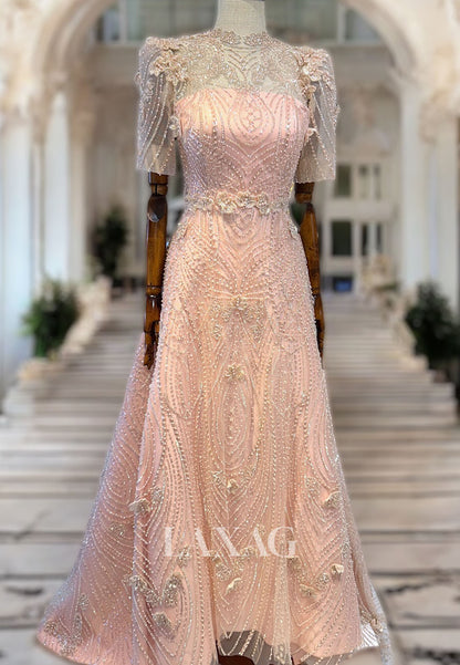 High-Neck Short-Sleeves A-Line Evening Dress Fully Sequined Beaded Floor-length Prom Gowns