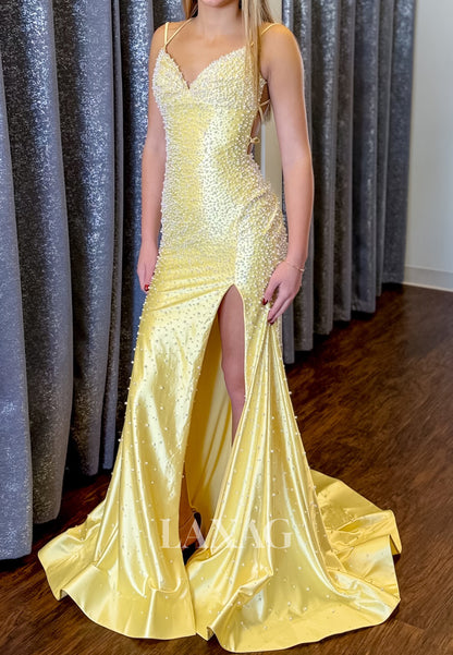 Sweetheart Spaghetti Straps Fully Beaded Pearls Satin Pleated Mermaid Prom Dress with Slit