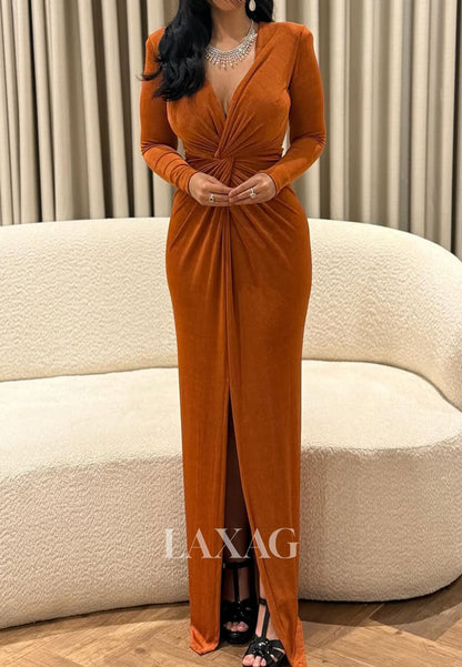 Deep V-Neck Pleated Satin Formal Gowns Long-Sleeves Floor-Length Mermaid Evening Dress