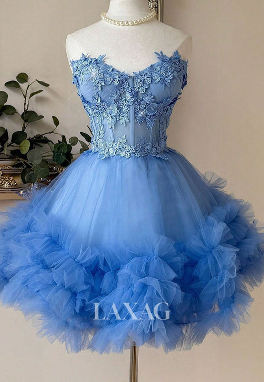 Sweetheart Off-Shoulder Sleeveless Applique Pleated Tulle Tiered A-Line Homecoming Dress
