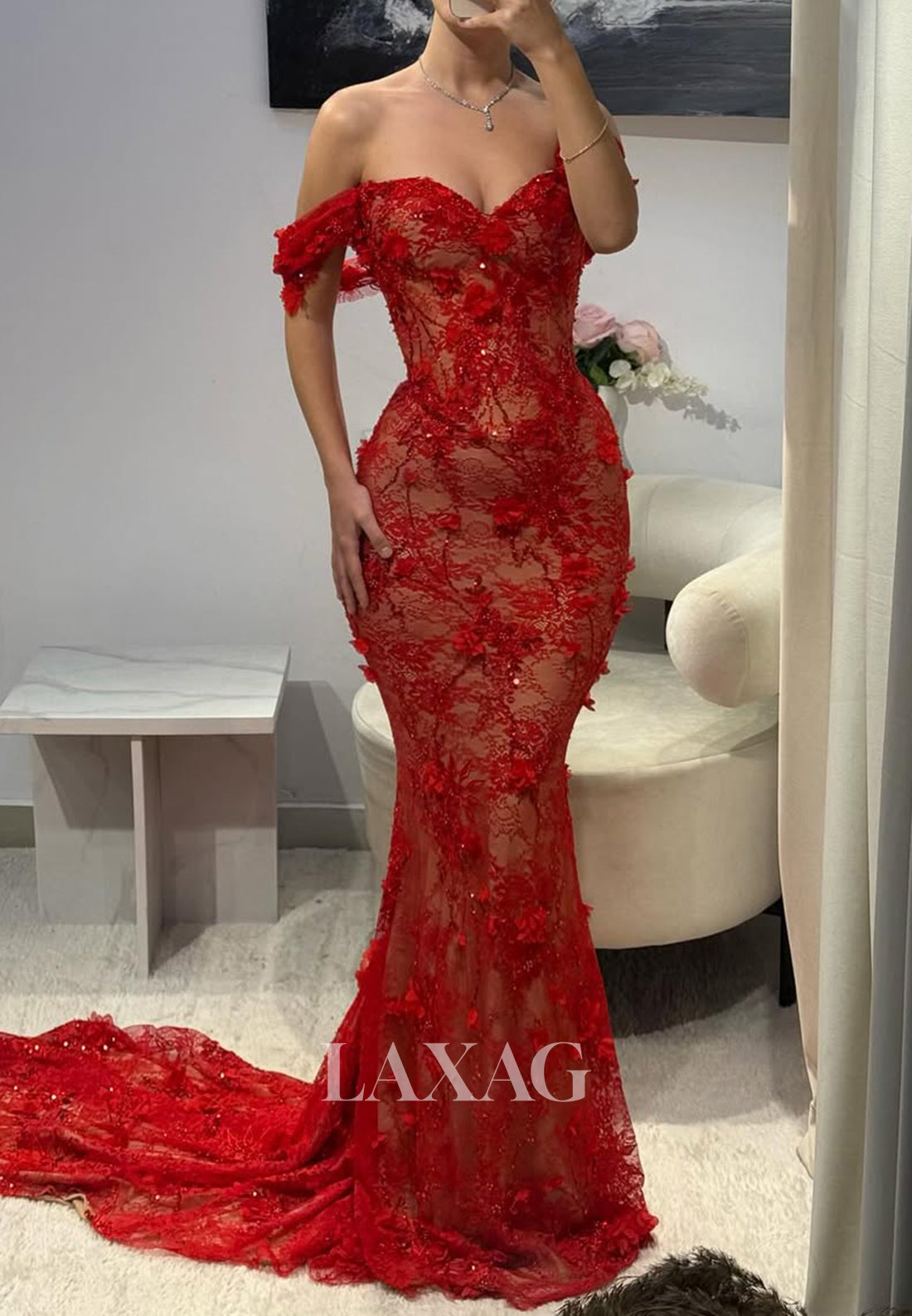 Sweetheart Beaded Allover Lace Party Gowns Off-Shoulder Floral Embellished Mermaid Prom Dress