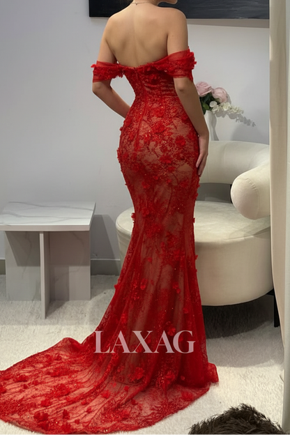 Sweetheart Beaded Allover Lace Party Gowns Off-Shoulder Floral Embellished Mermaid Prom Dress