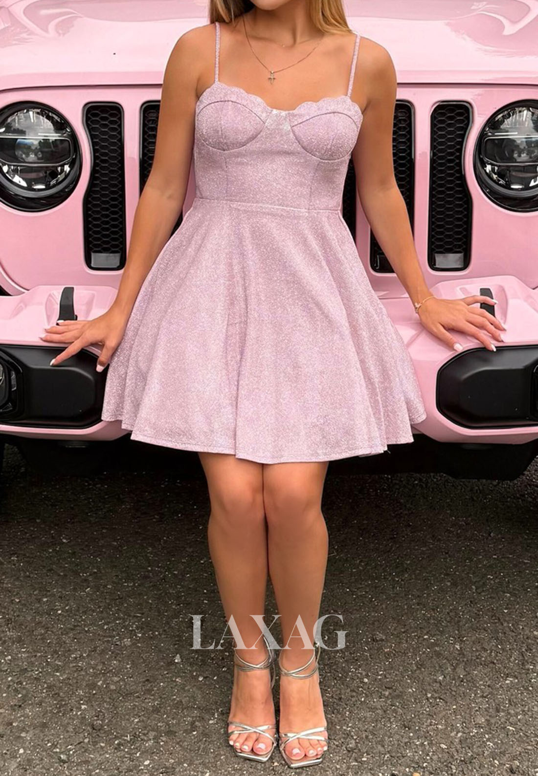 Sweetheart Spaghetti Straps Sleeveless Pleated Glitter-Knit A-Line Party Homecoming Dress