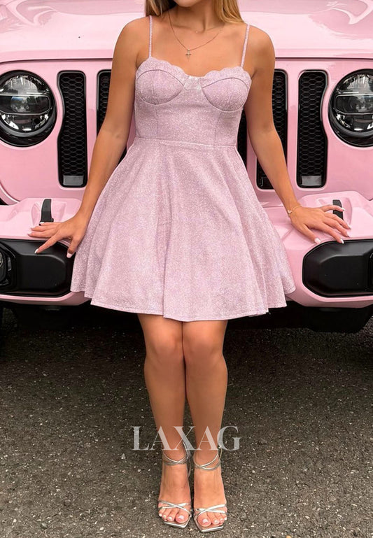 Sweetheart Spaghetti Straps Sleeveless Pleated Glitter-Knit A-Line Party Homecoming Dress