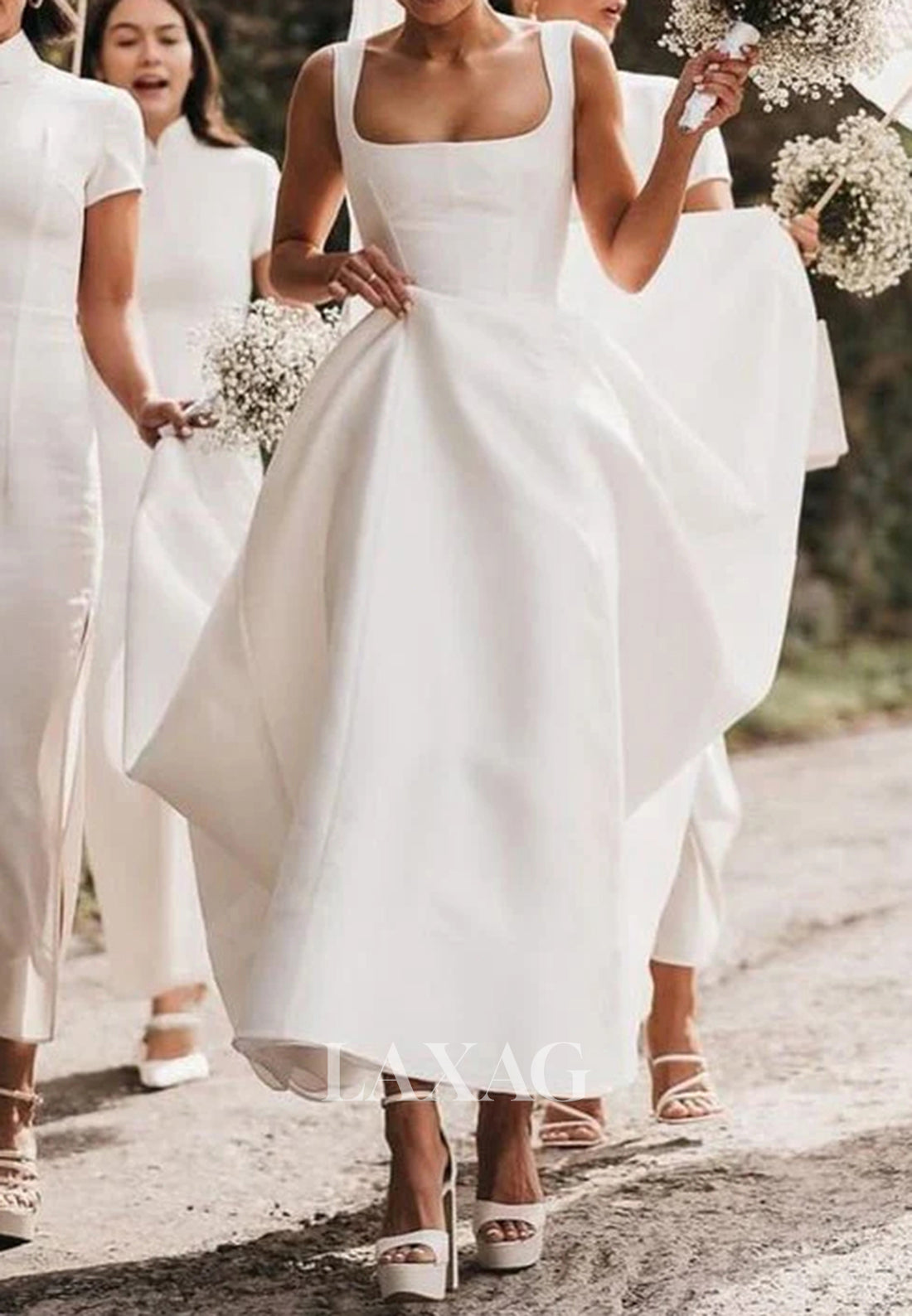 Square-Neck Off-Shoulder Pleated Satin Bride Gowns Straps Sleeveless Floor-Length A-Line Wedding Dress