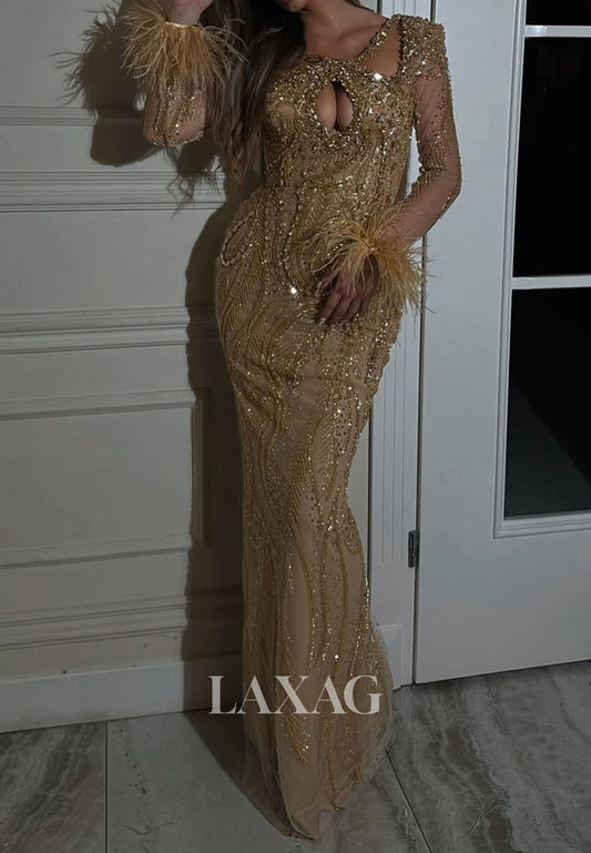 Scoop-Neck Fully Sequined Beaded Mermaid Evening Dress Long-Sleeves Cut Out Prom Gowns