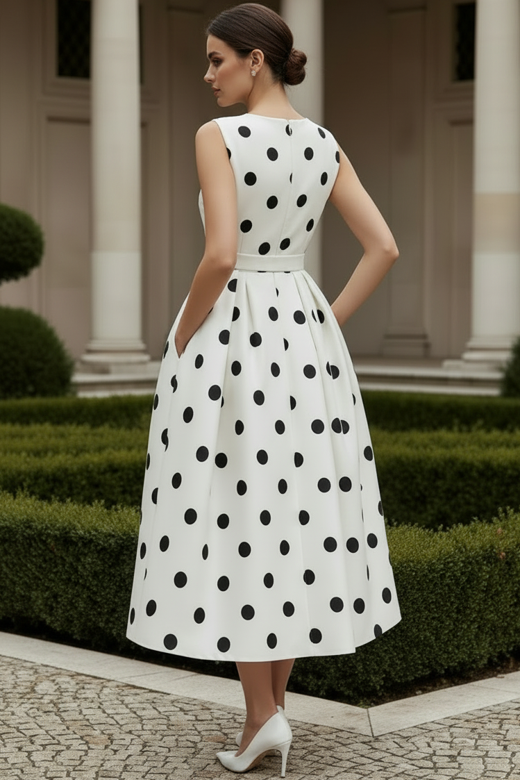 V-Neck Sleeveless Tea-Length Polka Dot Satin Pleated A-Line Wedding Guest Dress