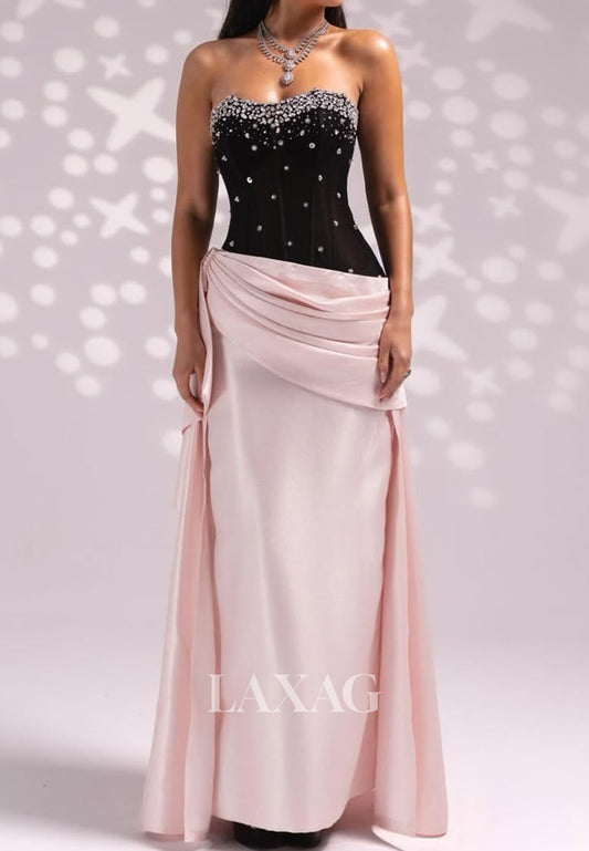 Off-Shoulder Sweetheart Beaded Evening Gowns Pleated Satin Floor-Length Fitted Prom Dress